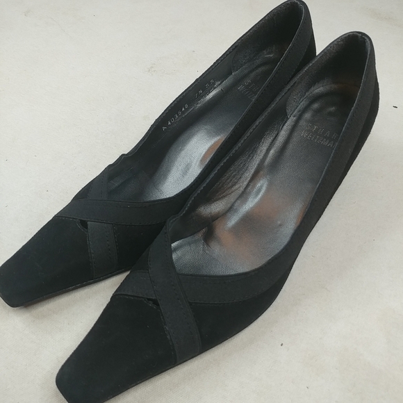 Stuart Weitzman Black Suede Square Toe Pumps. 2" H - Picture 7 of 8